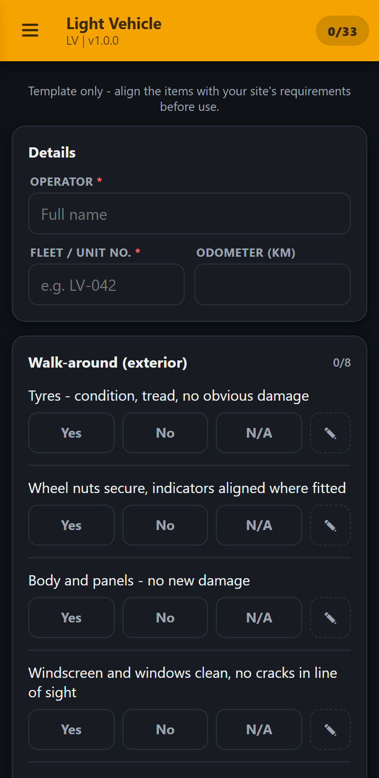A light vehicle pre-start checklist in the app, with fields for the operator and unit number and each item answered Yes, No or not applicable, with a button to attach a photo.