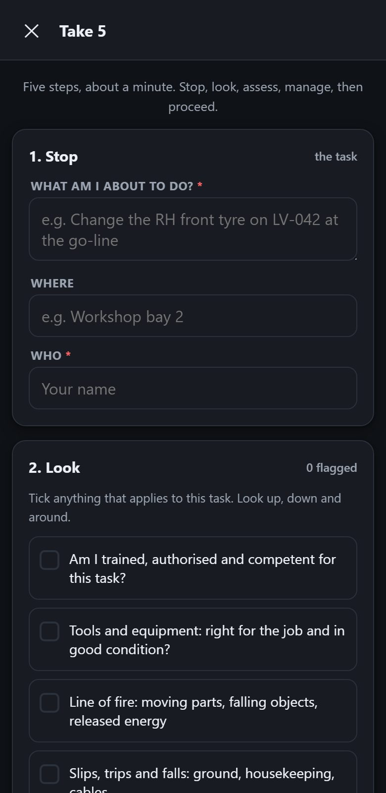 The Take 5 screen in the app, showing step one Stop with boxes for the task, the location and the worker's name, and step two Look with a list of hazards to tick.