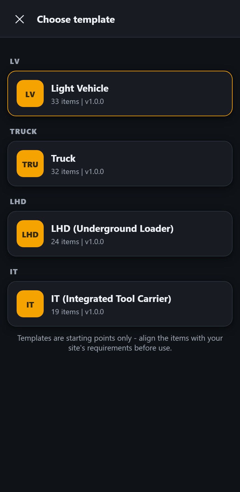 The template picker showing four built-in templates grouped by category, each with its item count, above a caution that templates are starting points only.